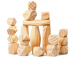 Panda Brothers Wooden Balancing Stones Natural Pine Wood Rock Set Montessori Educational Preschool Learning Sensory Toy 20 Large Size Wooden Building Blocks Set of Stacking Stones for Kids