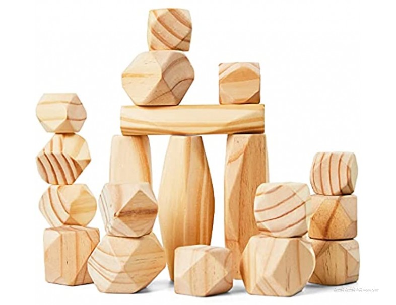 Panda Brothers Wooden Balancing Stones Natural Pine Wood Rock Set Montessori Educational Preschool Learning Sensory Toy 20 Large Size Wooden Building Blocks Set of Stacking Stones for Kids