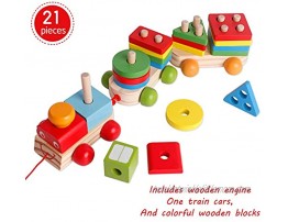 SHIERDU Children's Wooden Building Block Train Toy Shape sorter and Stacking Game for Toddlers Montessori Benefit Intellectual pre-School Education Pull Toy