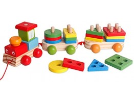 SHIERDU Children's Wooden Building Block Train Toy Shape sorter and Stacking Game for Toddlers Montessori Benefit Intellectual pre-School Education Pull Toy
