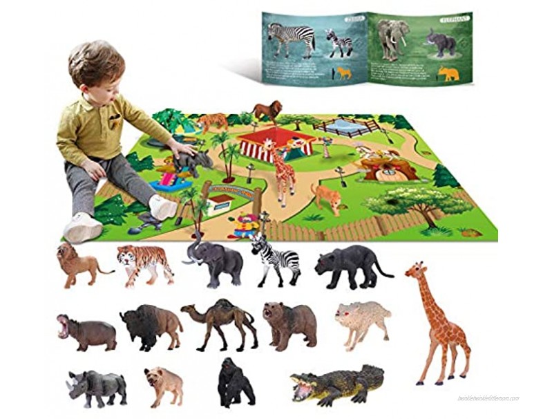 15 Animal Toys for Boys Realistic Safari Animals Farm Zoo Educational Toy Gift with Play Mat for 2 3 4 5 6 7 Year Old Girls Toddlers Kids