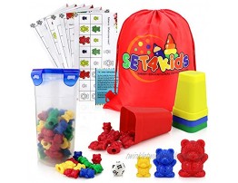 SET4kids Counting Bears 3-Size with 4 Sorting Stacking Cups 12 Face Dice Activity Cards + Downloads and Bonus Drawstring Bag. Montessori and STEM Toy for Ages 3+