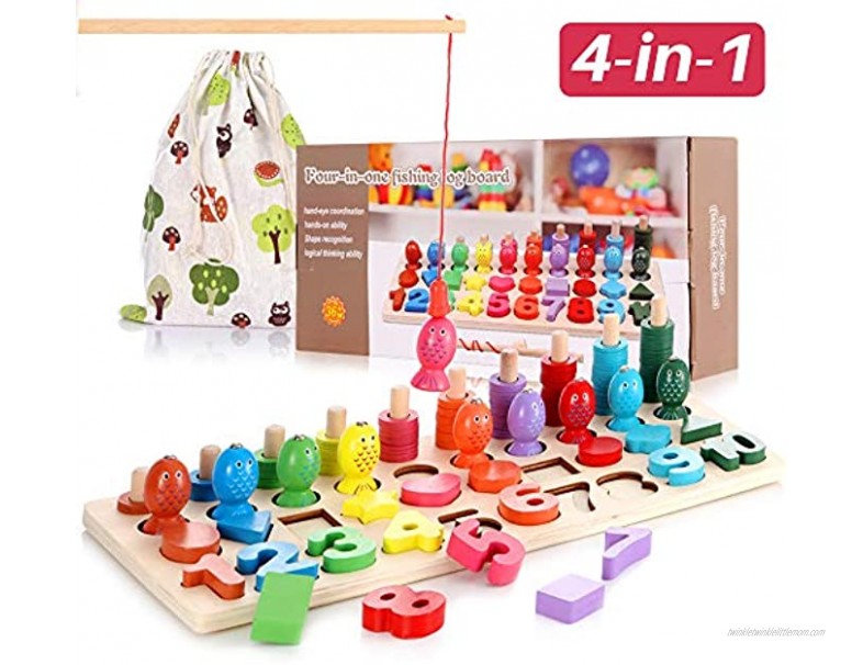 Wooden Montessori Math Puzzle Toys for Toddlers Girls and Boys Shape Sorter Game for Age 3 4 5 4 In 1 Educational Learning Toys for Fishing Counting Sorting & Stacking Best Gift for Kids