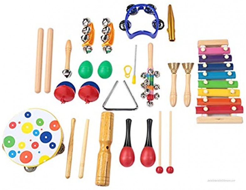 Kids Musical Instruments 19 Pcs Safe material Non-Toxic Environmental Friendly Children Early Educational Musical Instrument Kit Hand drum bell Handbell Rhythm stick Double-sounding