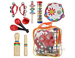 Kids Musical Set Toys Drum Percussion Instruments,12pcs Multifunctional Preschool Education Learning Musical Toys Gifts for Girls with Wrist Bells,Guiro Scraper,Wrist Bells Red