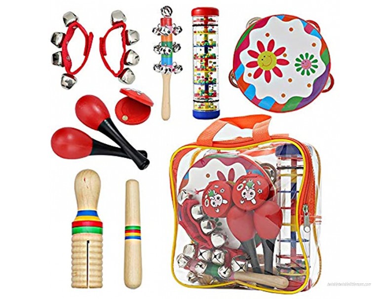 Kids Musical Set Toys Drum Percussion Instruments,12pcs Multifunctional Preschool Education Learning Musical Toys Gifts for Girls with Wrist Bells,Guiro Scraper,Wrist Bells Red