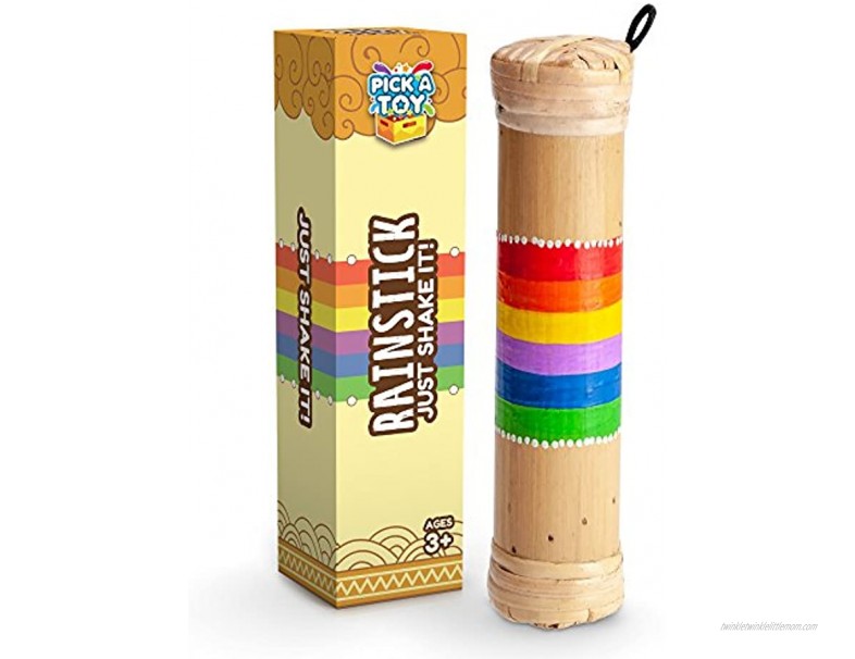 PICK A TOY Bamboo Rainstick Rain Shaker Sensory Toy Musical Instrument for Kids and Adults Lightweight and Easy to Use Music Game Rainbow Colored Rain Maker – with Gift Box