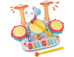 Rabing Baby Musical Instruments Toys 5 in 1 Toddler Drum & Piano Set Kids Electronic Piano Keyboard Xylophone Drum Toys Set with Microphone & Lights Learning Toys Gift for Baby Infant 3 Years Old