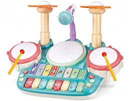 TOONEV Baby Musical Instruments Toys,Kids Drum Set Electronic Piano Keyboard and Xylophone 3 in 1 Multifunction Toddler Toys with Drum Sticks Microphone and Light Musical Toys Gift for Girl and Boy