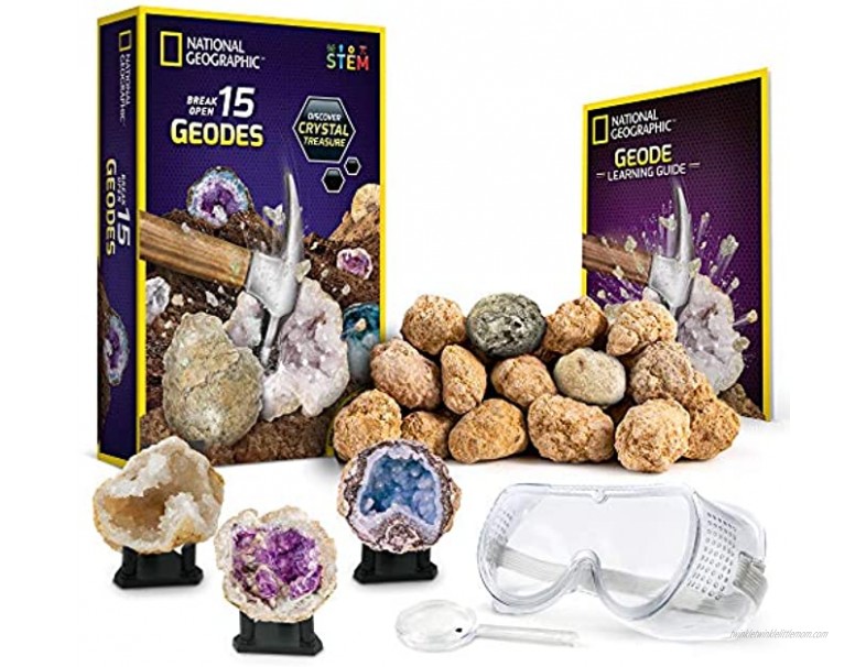 NATIONAL GEOGRAPHIC Break Open 15 Premium Geodes With Goggles Detailed Learning Guide 3 Display Stands Great Stem Science Toy & Educational Gift