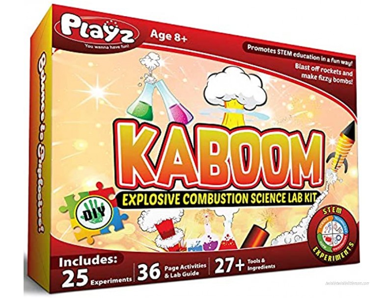 Playz KABOOM! Explosive Science Kit for Kids 25+ Kid Safe Exploding Combustion & Fun Chemical Reaction STEM Experiments. Make DIY Rockets Fizzy Bombs Color Explosions Helium Balloons Bombs & More
