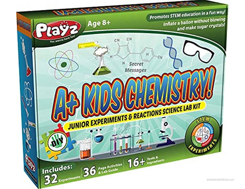 Playz STEM A+ Kids Chemistry Junior Experiments & Reactions Science Lab Kit 32+ Experiments 36 Page Laboratory Guide and 27+ Tools & Ingredients for Boys Girls Teenagers & Kids