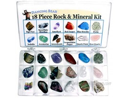 Rock and Mineral Educational Collection & Deluxe Collection Box -18 Pieces with Description Sheet and Educational Information. Limited Edition Geology Gem Kit for Kids with Display Case Dancing Bear