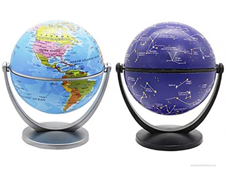 Exerz Mini Globe 4-inch 10 cm 2 Pieces Set 1 x Political 1 x Stars & Constellations Swivels in All Directions Educational Decorative Unique Small World Desktop Vintage Mini Globe 2 Pack