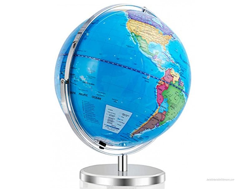 LED Illuminated World Globe w 720 Degree Rotation Range 13 Inch Educational Cartography Map w Chrome-Plated Base Light for Children Home Office
