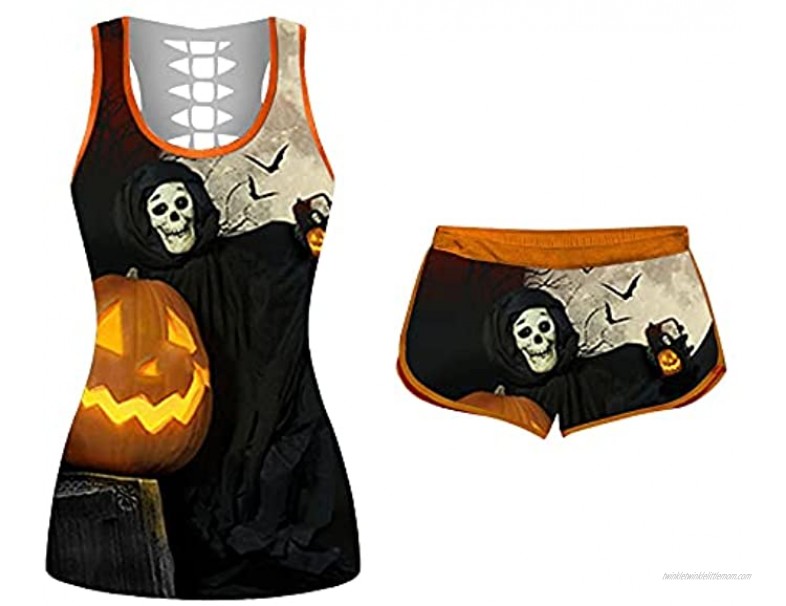 Halloween Two-Piece Outfit for Women Sleeveless Tank Top and Shorts Outfits Funny Graphic Tracksuit Workout Sets