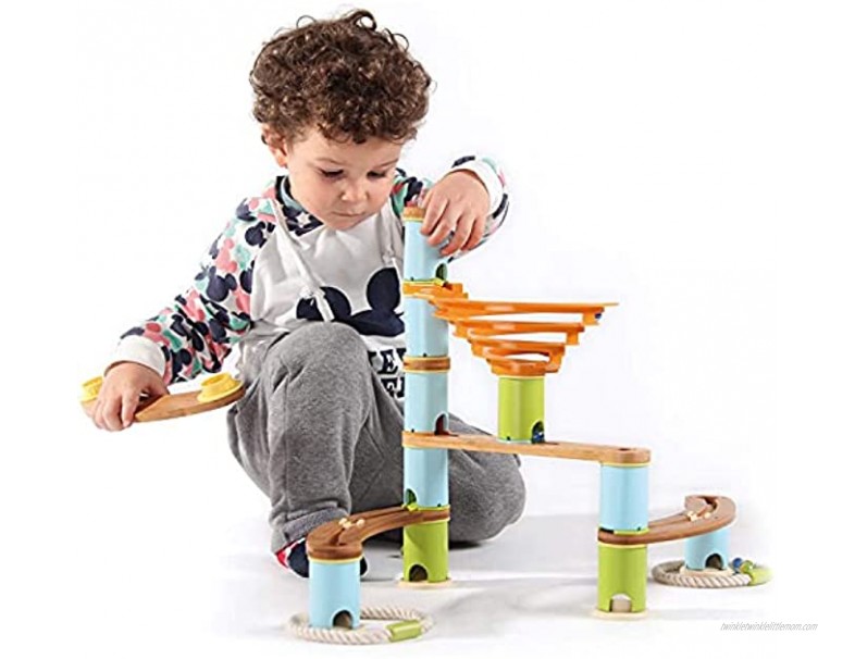 ROCSMAC Quadrilla Wooden Marble Run Construction Playing Together Marble Maze Development Building Toys for Kids with Glass Marbles Set