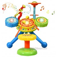 Costzon 2-in-1 Kids Electronic Musical Toy Drum Set with Microphone and Chair Spanish & English Bilingual Electronic Jazz Drum Set Suitable for Kids Babies Multicolor