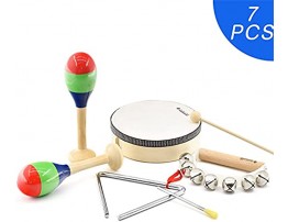 MUSICUBE 7 Pcs Kids Musical Instruments Toys Wood Percussion Set with Maracas Hand Bell Triangle Tambourine for Toddler Children Boys Girls