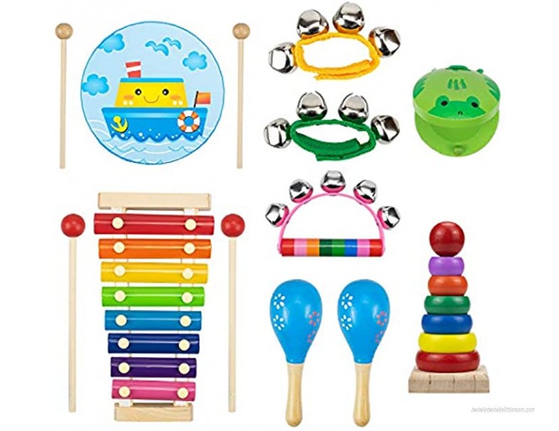Nicunom 13 Pcs Kids Musical Instruments Wooden Percussion Instruments Wood Xylophone Toys Preschool Educational Early Learning Musical Toys Set for Children Gifts with Storage Bag