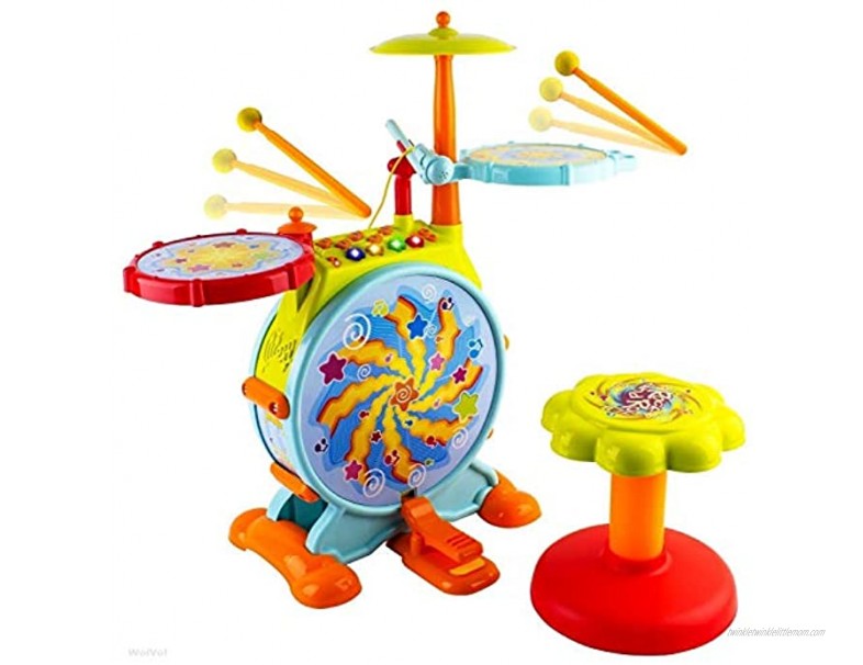 Play Baby Musical Big Toy Kids Drum Set with Adjustable Mic and Seat Many Functions and Activities for Hours of Play Pretend to Be A Real Drummer with Drumsticks Pedals and Bass Drum