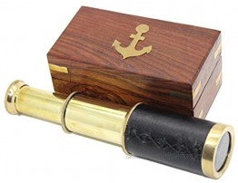 6 Inch Handcrafted Nautical Brass and Leather Spyglass Telescope with Rosewood Box