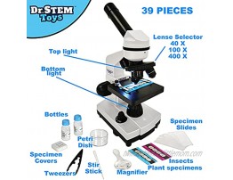 Ben Franklin Toys 39 Piece Microscope Kit for Kids with Top and Bottom Lights Specimen Slides 40X 100X and 400X Adjustable Lenses for Kids and Schools Ages 8+ White