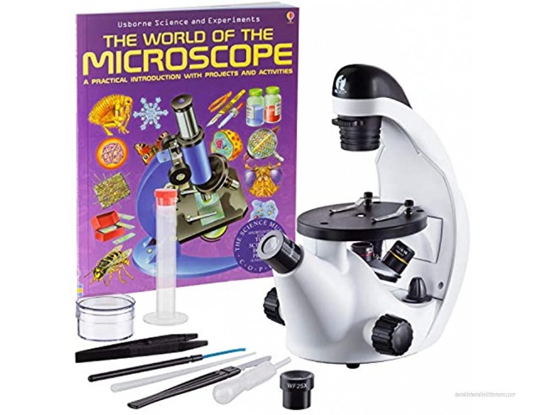 IQCrew by AmScope Kids Inverted Microscope Set with Slide Preparation Kit and World of The Microscope Book Science Discovery Series