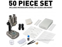 NATIONAL GEOGRAPHIC Dual LED Student Microscope – 50+ pc Science Kit Includes Set of 10 Prepared Biological & 10 Blank Slides Lab Shrimp Experiment 10x-25x Optical Glass Lenses and more! Silver