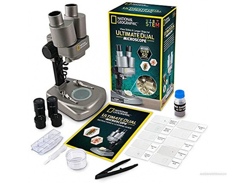 NATIONAL GEOGRAPHIC Dual LED Student Microscope – 50+ pc Science Kit Includes Set of 10 Prepared Biological & 10 Blank Slides Lab Shrimp Experiment 10x-25x Optical Glass Lenses and more! Silver