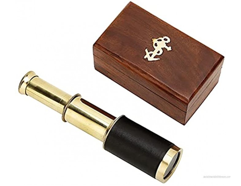 raajsee Mini Pirate Spyglass Telescope Brass Colapsable Hand Telescope with Wooden Box Small Vintage Telescope Pirate Decore Brass Decorative Telescope 6''