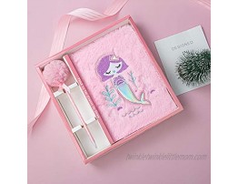 Fuhgkg Pink Mermaid Plush Notebook Diary Lined Travel Journal Set with Pom Pen for Kids GirlsPink