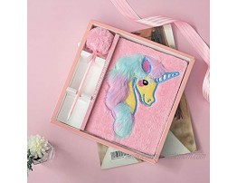 Fuhgkg Unicorn Plush Notebook Faux Fur Hardcover Diary Lined Travel Journal Set with Pom Pen for Kids GirlsPink