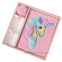 Fuhgkg Unicorn Plush Notebook Faux Fur Hardcover Diary Lined Travel Journal Set with Pom Pen for Kids GirlsPink