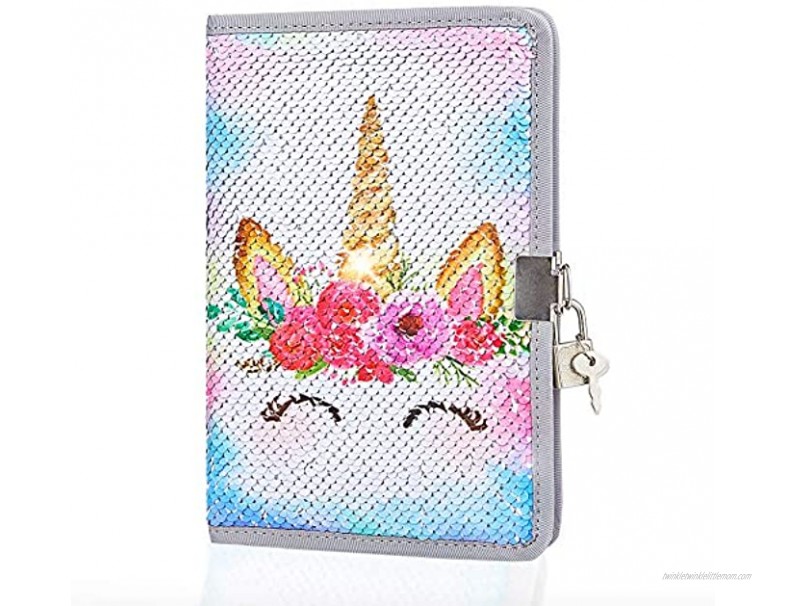 MHJY Unicorn Notebook Sequin Secret Diary with Lock,Reversible Mermaid Sequin Notebook Private Journal Magic Travel Journal Unicorn Notebook for Adults and Kids