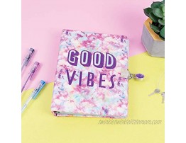 Three Cheers for Girls Good Vibes Tie Dye Spiral Locking Journal Girls Diary with Lock and Key 200 Page Pastel Tie Dye Secret Diary 6” x 8” with Gem Lock and 2 Keys