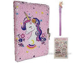Unicorn Diary with Lock for Girls Gifts-A5 Sequins Lock Journal for Girls Writing Notebooks Journal for Kids Unicorn Pen and Stickers Girls Diary Study Supplies Gift for 7 8 9 10 Years Old Girls