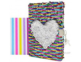 VIPbuy Magic Reversible Sequin Notebook Diary Lined Travel Journal with Lock and Key for Kids Girls Size A5 8.5 x 5.5 78 Sheets Rainbow to Silver