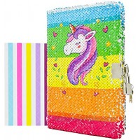 VIPbuy Unicorn Diary with Lock and Key for Kids Girls  Colorful Reversible Flip Sequin Journal Gift w  Photo Corner
