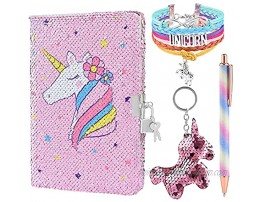 WERNNSAI Magic Unicorn Notebook Set Sequins Journals Unique Gift for Girls Travel School Office Notepad Memos A5 Diary Notebooks Unicorn Gel Pen Bracelet Key-Chain with Locks and Keys