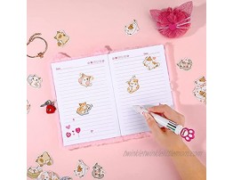Zonon 5 Pieces Cute Cat Diary Suit Pink Cat Diary with Lock Cat Claw Multicolor Pen Plush Cat Keychain Cute Design Cat Stickers Exquisite Cat Bracelet for Girl Kids Birthday Party Favor Supplies