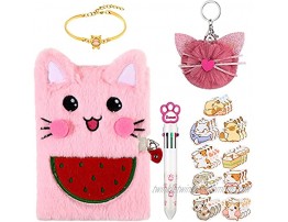 Zonon 5 Pieces Cute Cat Diary Suit Pink Cat Diary with Lock Cat Claw Multicolor Pen Plush Cat Keychain Cute Design Cat Stickers Exquisite Cat Bracelet for Girl Kids Birthday Party Favor Supplies