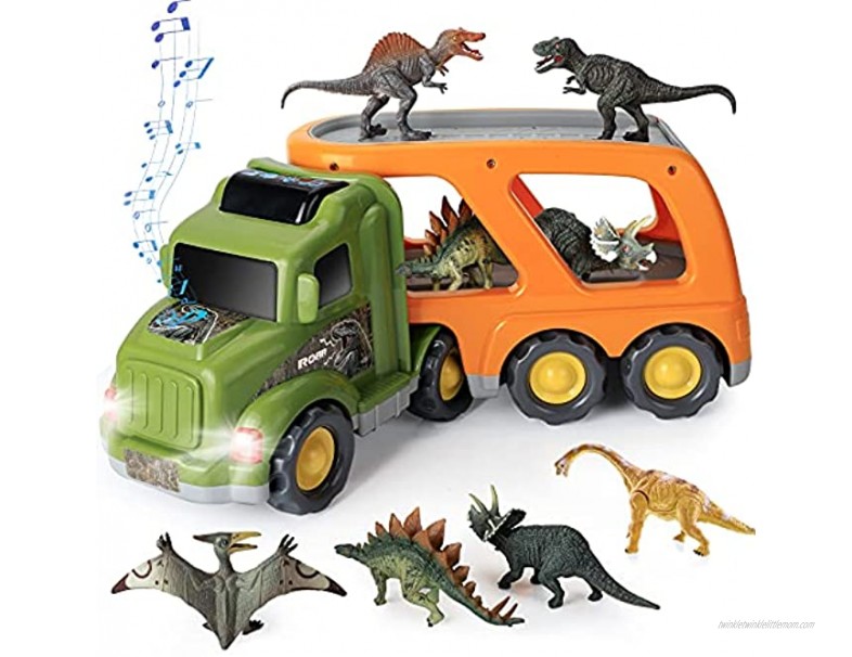 Car Truck Toys for 3 4 5 6 Years Old Boys and Girls Dinosaur Truck Toys Triceratops Tyrannosaurus Rex Brachiosaurus Toys Friction Powered Car Trailer with Sound and Light