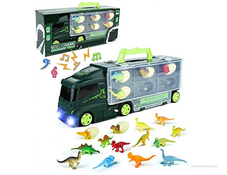 Dinosaur Truck Toy Dinosaur Toys for Kids 3-5 Transport Car with 6 Dinosaur Eggs 12 Mini Dinosaur Figures Dinosaur Car with Music and Flashing Light Jurassic World Party Supplies for Boys