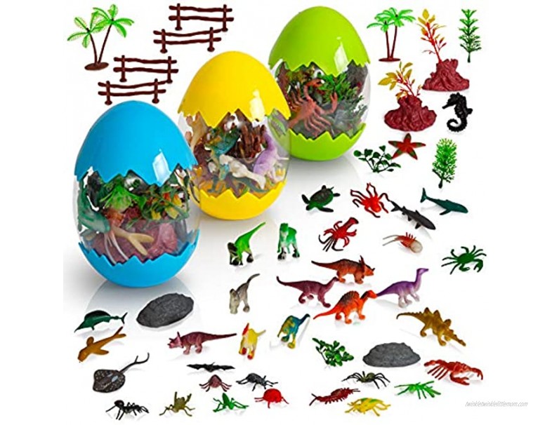 Next Milestones Easter Egg Toys for Toddlers 3 Pack with 12 Assorted Realistic Insect Ocean Life and Dinosaur Toy Figures Each Learning Kids Toy Set with Trees and Rocks for Boys and Girls