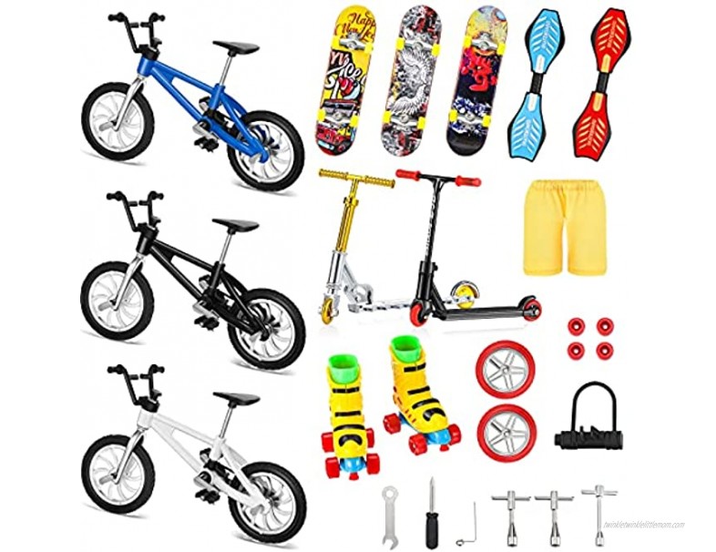 Suilung 25 Pieces Mini Finger Toys Set Finger Roller Skates Finger Pant Finger Skateboards Finger Bikes Scooter Tiny Swing Board Fingertip Movement Party Favors Replacement Wheels and Tools