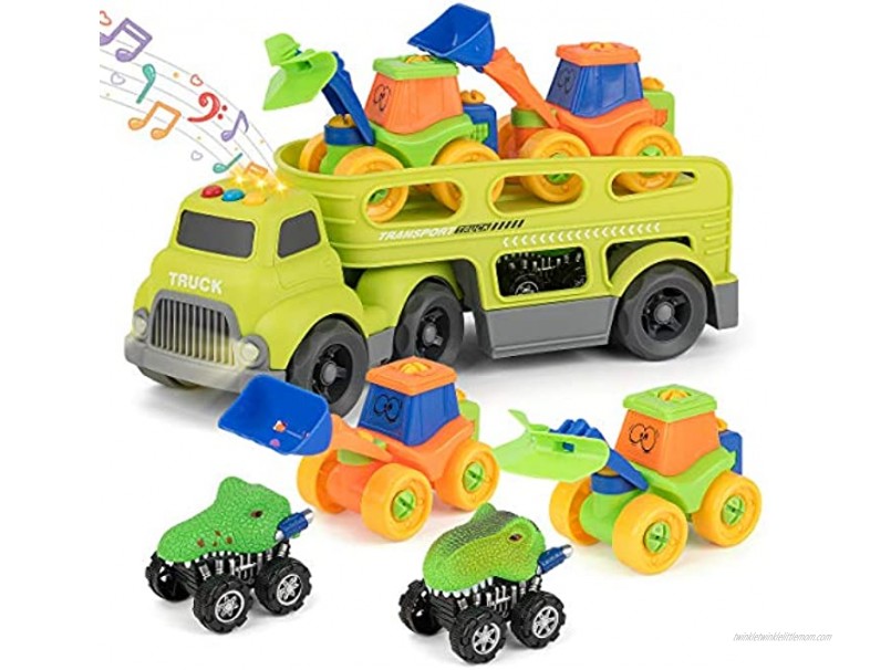 5 Pack Cars Toys for 3 4 Year Old Toddlers Boys and Girls Gift Big Transport Truck with 2 Small Cute Pull Back Dinosaur Cars 2 Take Apart Bulldozer Assorted Vehicles Playset