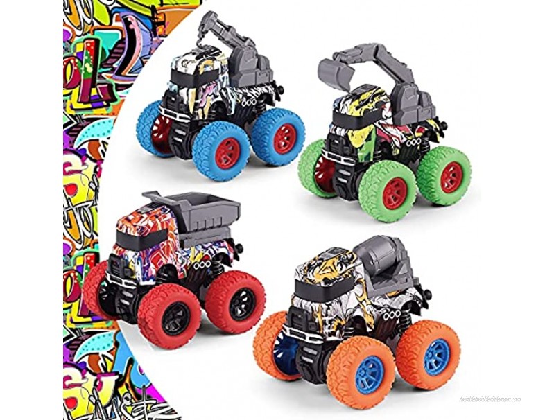 Friction Powered Monster Trucks for Boys 4-Pack Push and Go Inertia Vehicles Birthday Party Gift for Kids 3,4,5 Year Old