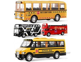 Geyiie Bus Toys for Kids School Bus for Toddler Die Cast Yellow Bus Set Pull Back Cars Toys Play Vehicle City Bus London Car Gift for Boys,Girls Holiday Party Favor 4 Pack