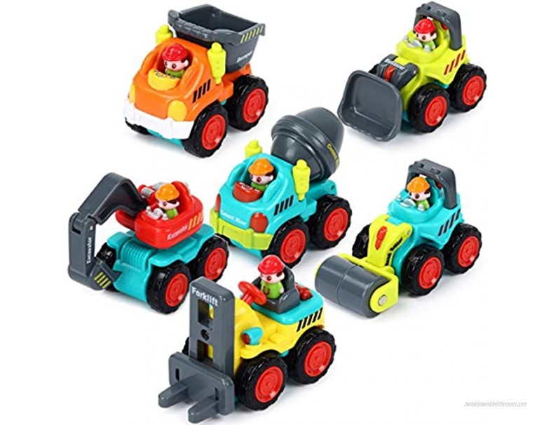 IQ Toys Push & Play Vehicles for Toddlers Kids Boys 6 Pack Friction Powered Action City Construction Engineering Playset with Mini Bulldozer Excavator Dumper Cement Mixer Forklift and Road Paver